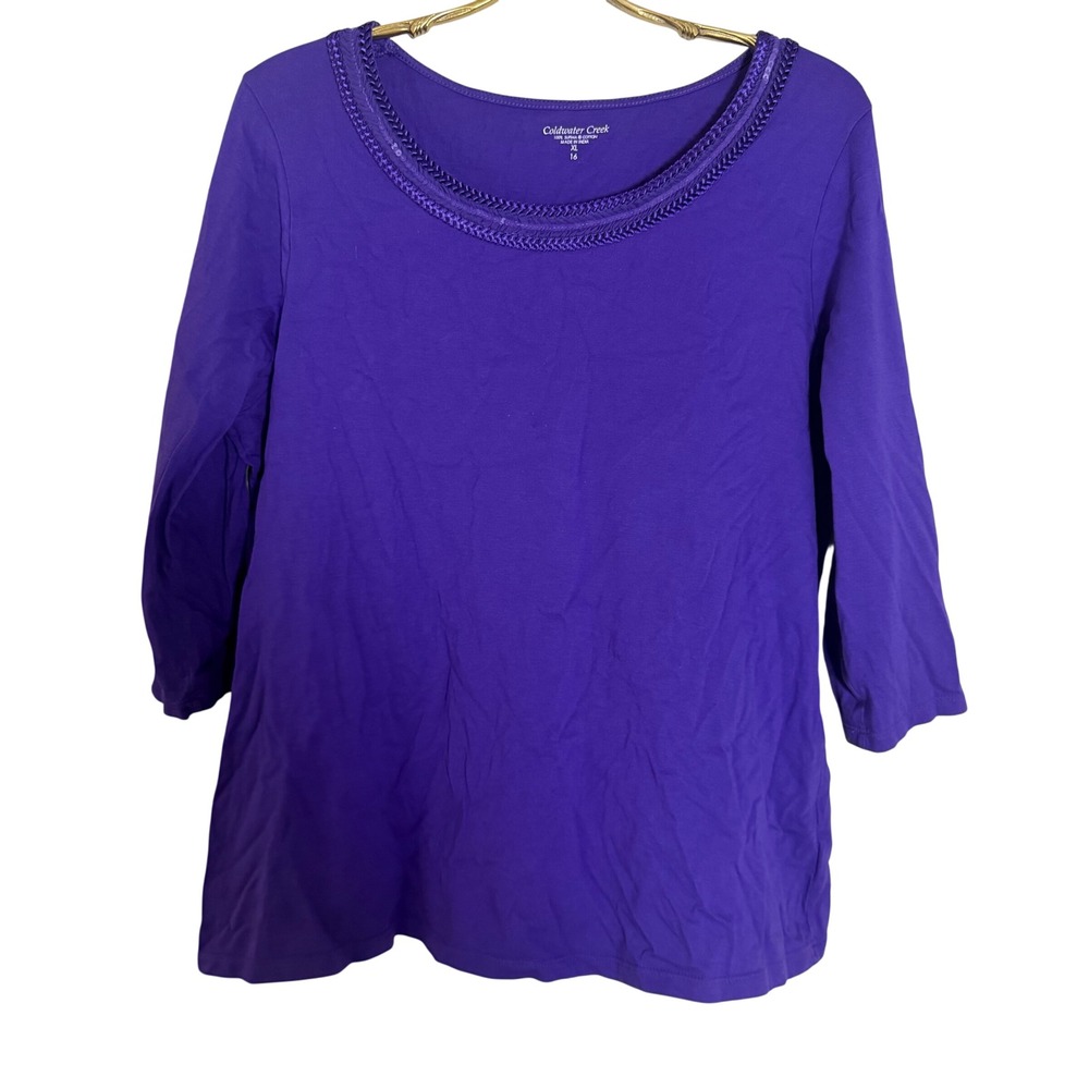 Coldwater Creek Purple Supima Cotton 3/4 Sleeve Sequin Trim Top XL 16